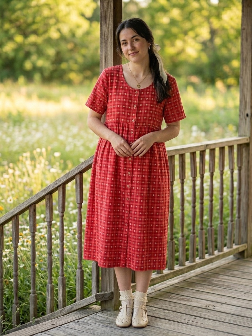 Vintage 90s Cabernet Plaid Daisy Duster House Dress Cottagecore Midi M Cotton
